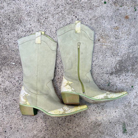 Vintage 2000's Funky Green Suede and Snake Leather Cowboy Boots (38)