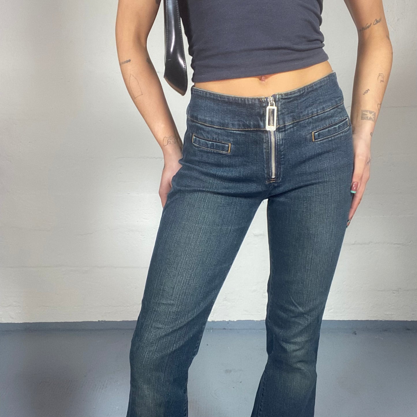 Vintage 2000's Miss Sixty Archive Rare Dark Denim Boot Leg Pants with Big Zip Detail (S)