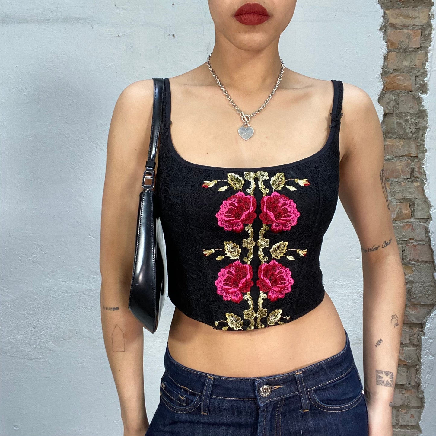 Vintage 2000's Downtown Girl Black Corset Top with Floral