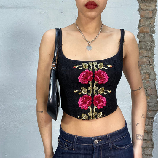 Vintage 2000's Downtown Girl Black Corset Top with Floral Embroidery (S)