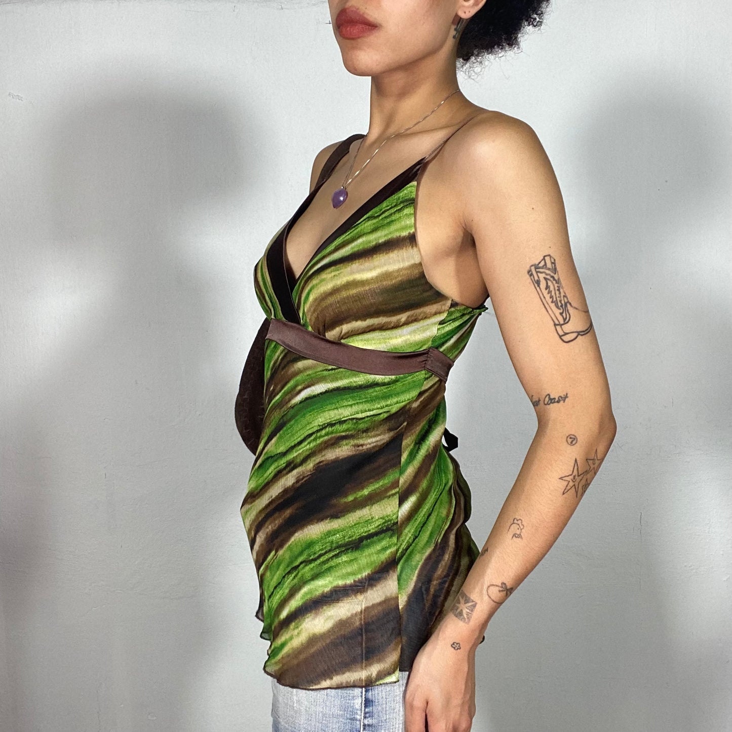 Vintage 90's Downtown Girl Green and Brown Top with Satin Details (S)