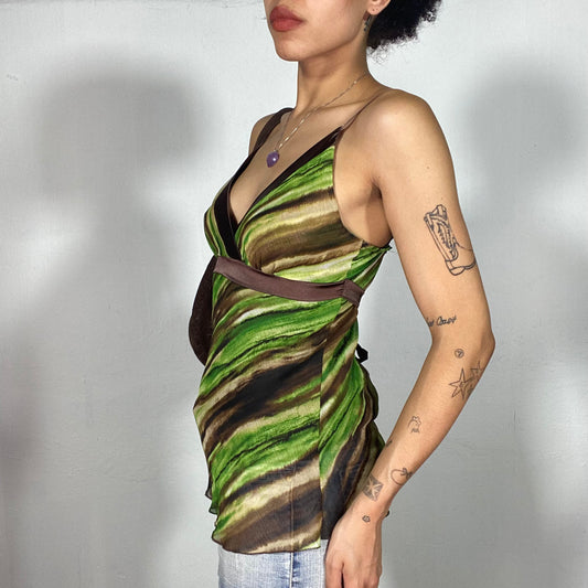 Vintage 90's Downtown Girl Green and Brown Top with Satin Details (S)