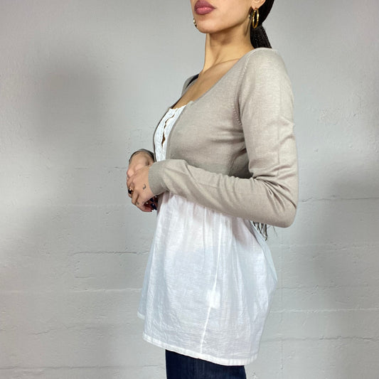 Vintage 2000's Soft Girl Beige Bolero Cardigan Top with White Blouse Under Set (S/M)