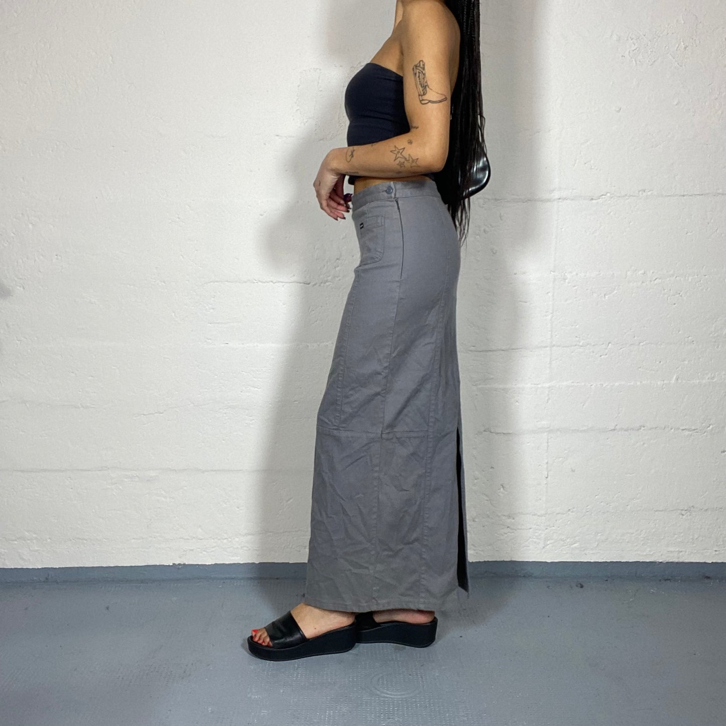 Vintage 2000's Rave Grey Cargo Maxi Skirt with Pocket Detail (S)