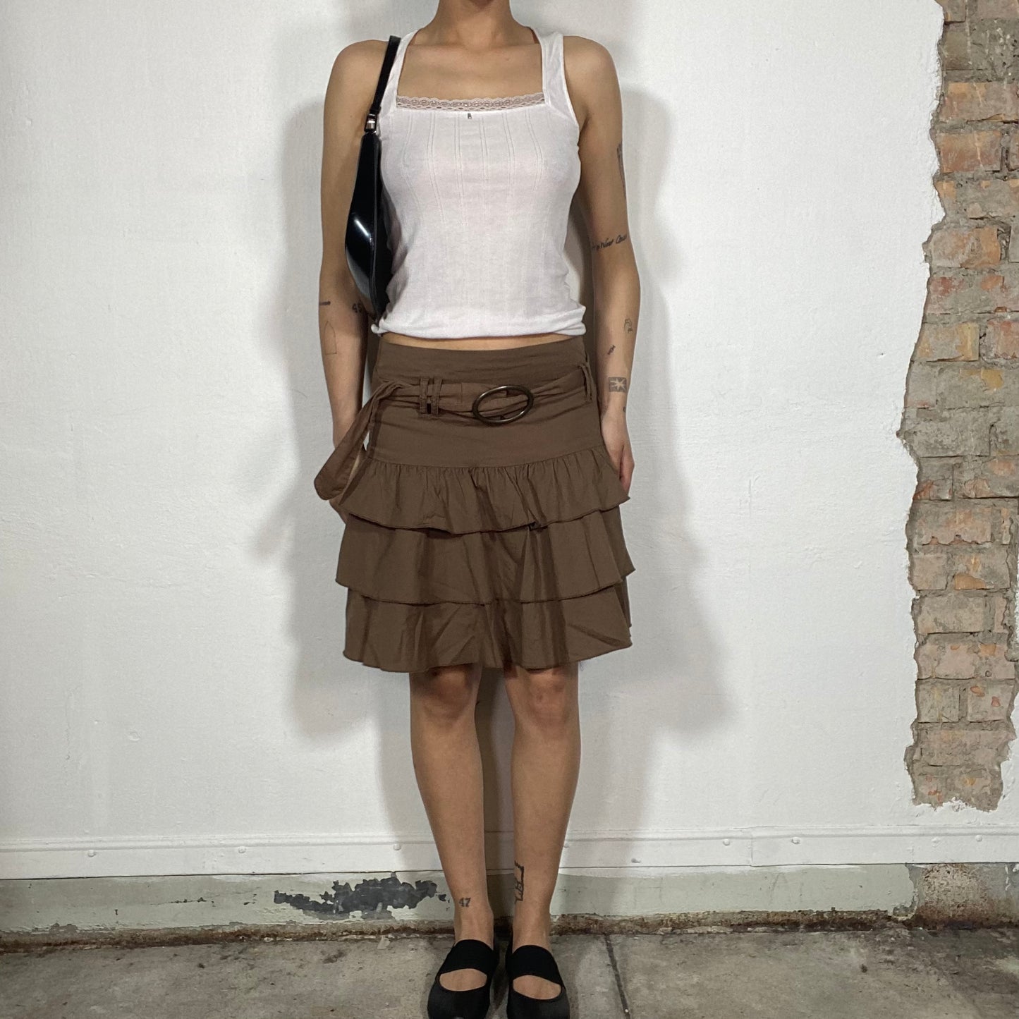 Vintage 2000's Hippie Brown Layered Midi Skirt with Belt (M)