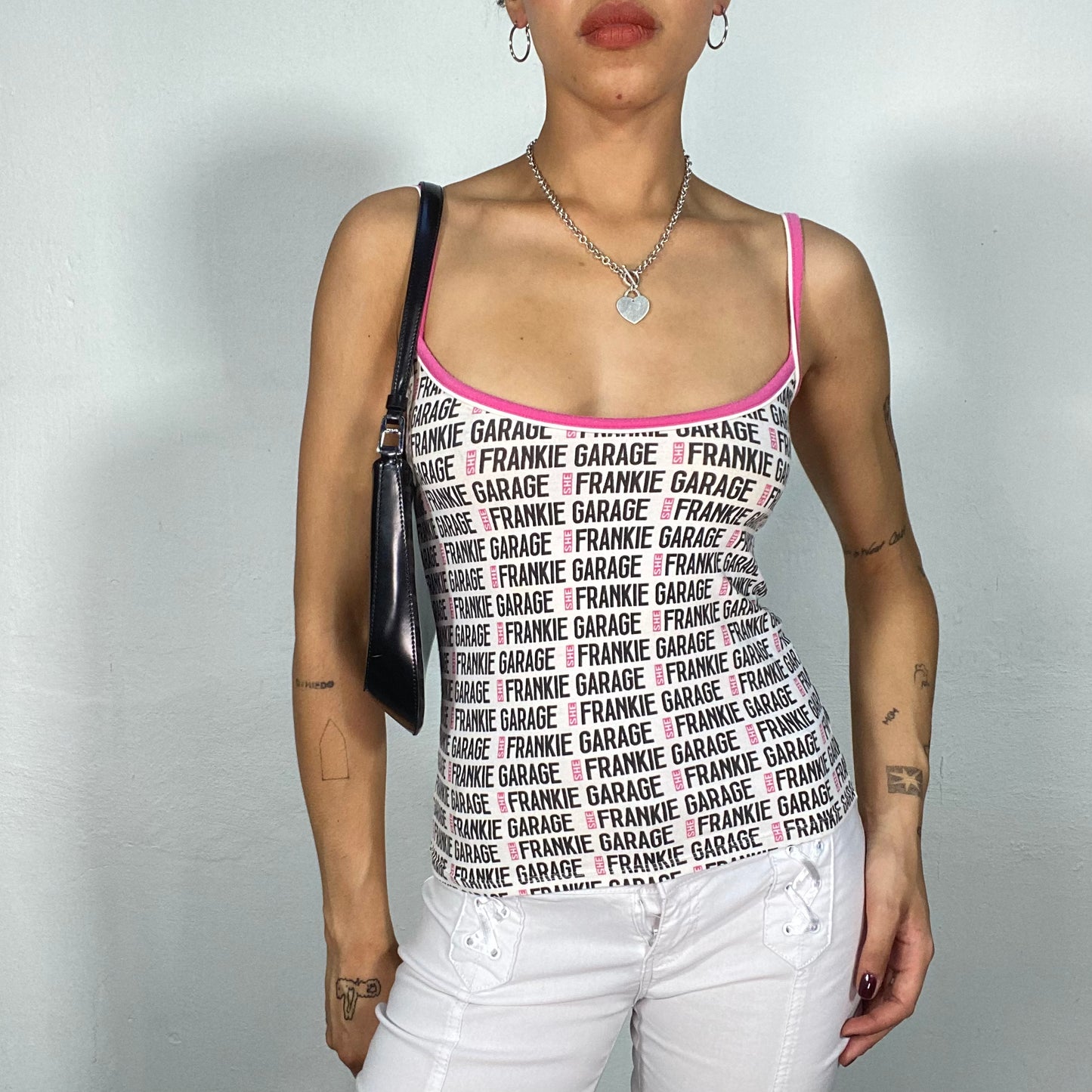 Vintage 2000's Funky White Cami Top with 'Frankies Garage' Print (S)