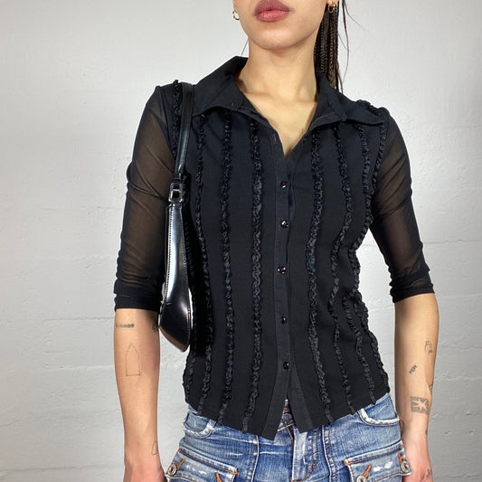 Vintage 2000's Corpcore Black Longsleeve Button Up See Through Shirt with Frilled Detail (S)