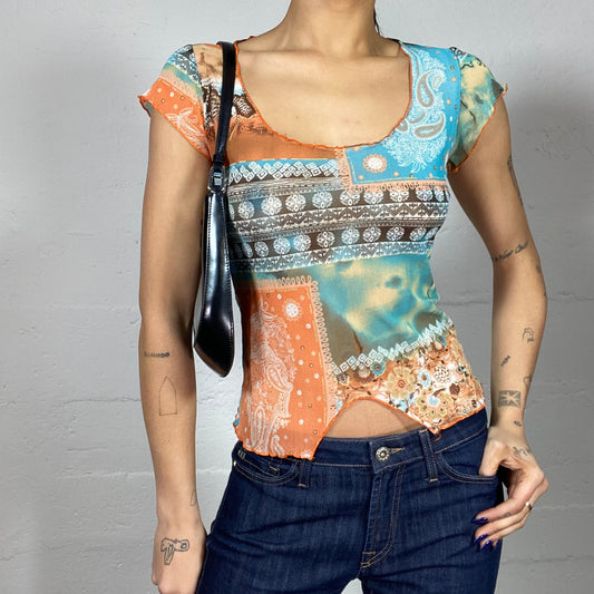 Vintage 90's Phoebe Buffay Blue and Orange Top with Mosaic and Paisley Print (S)