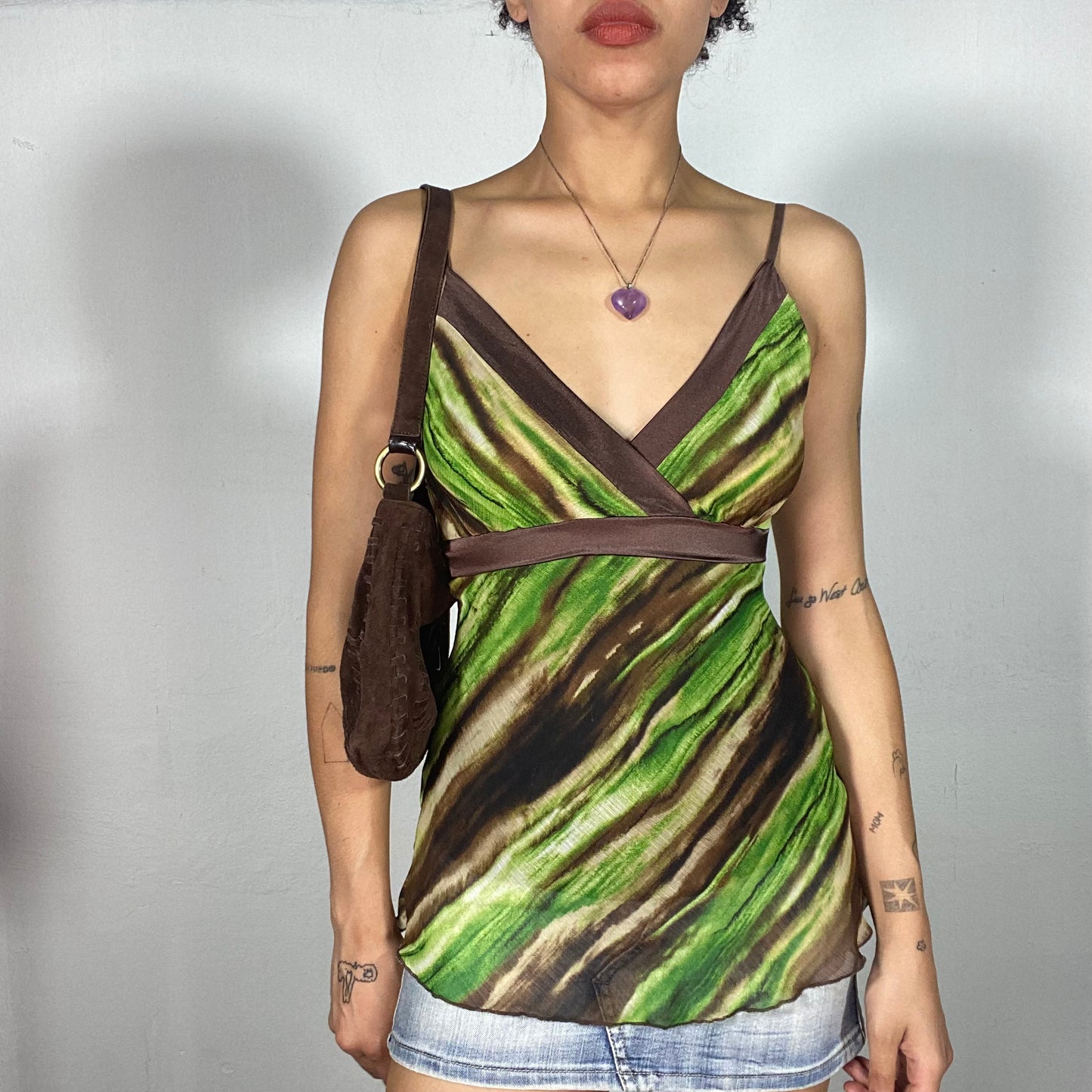 Vintage 90's Downtown Girl Green and Brown Top with Satin Details (S)