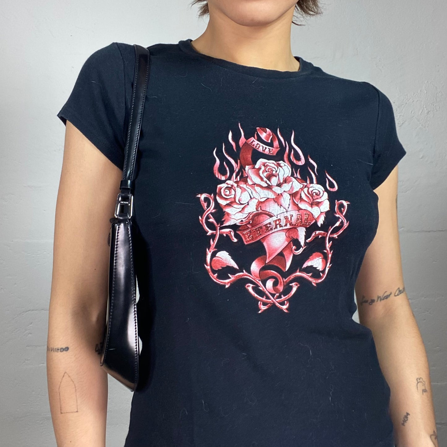 Vintage 2000's Moto Black Top with Red Flaming "Eternal" Roses & Heart Print (S)