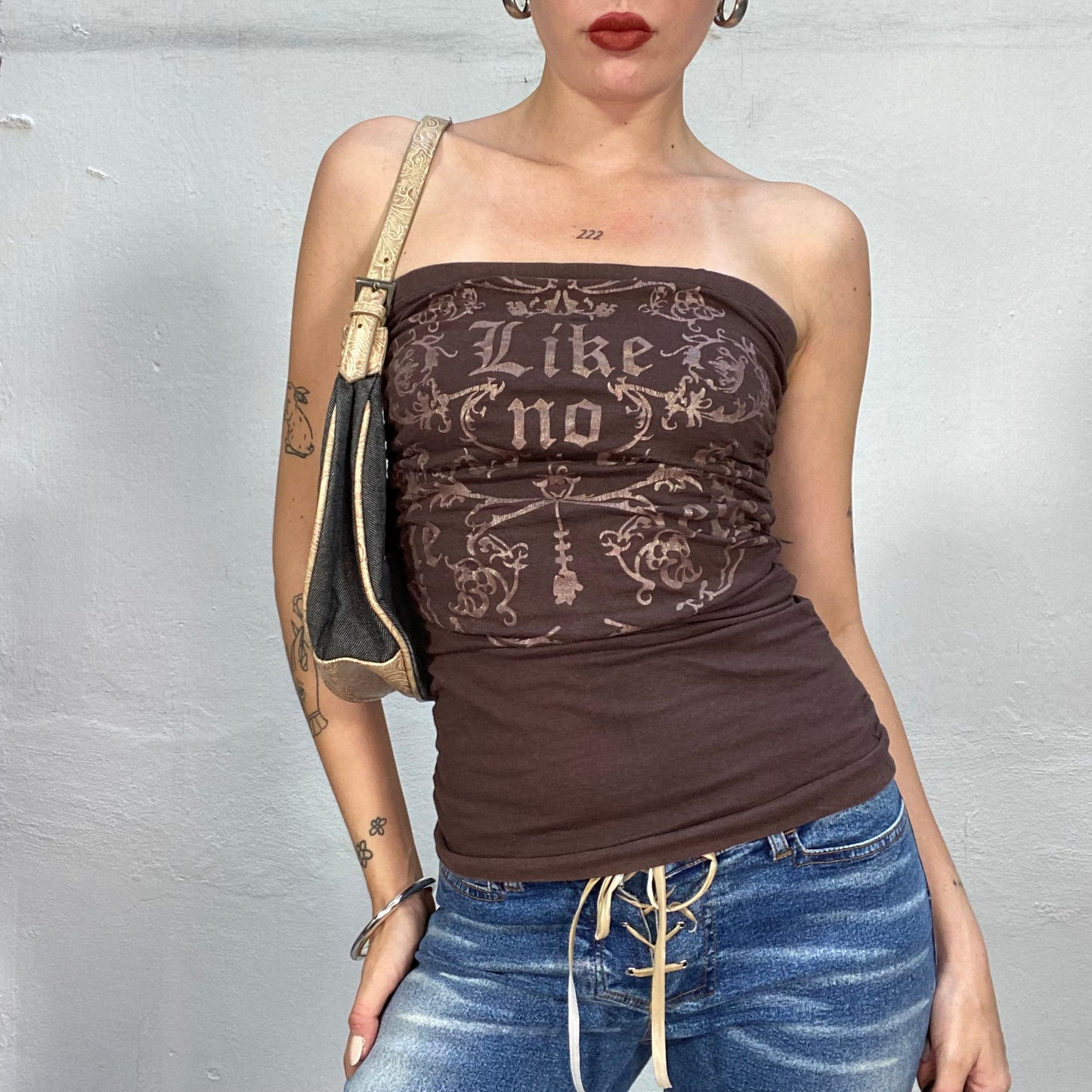 Vintage 2000's Downtown Girl Brown Tube Top with "Like No" Gold Print (S/M)