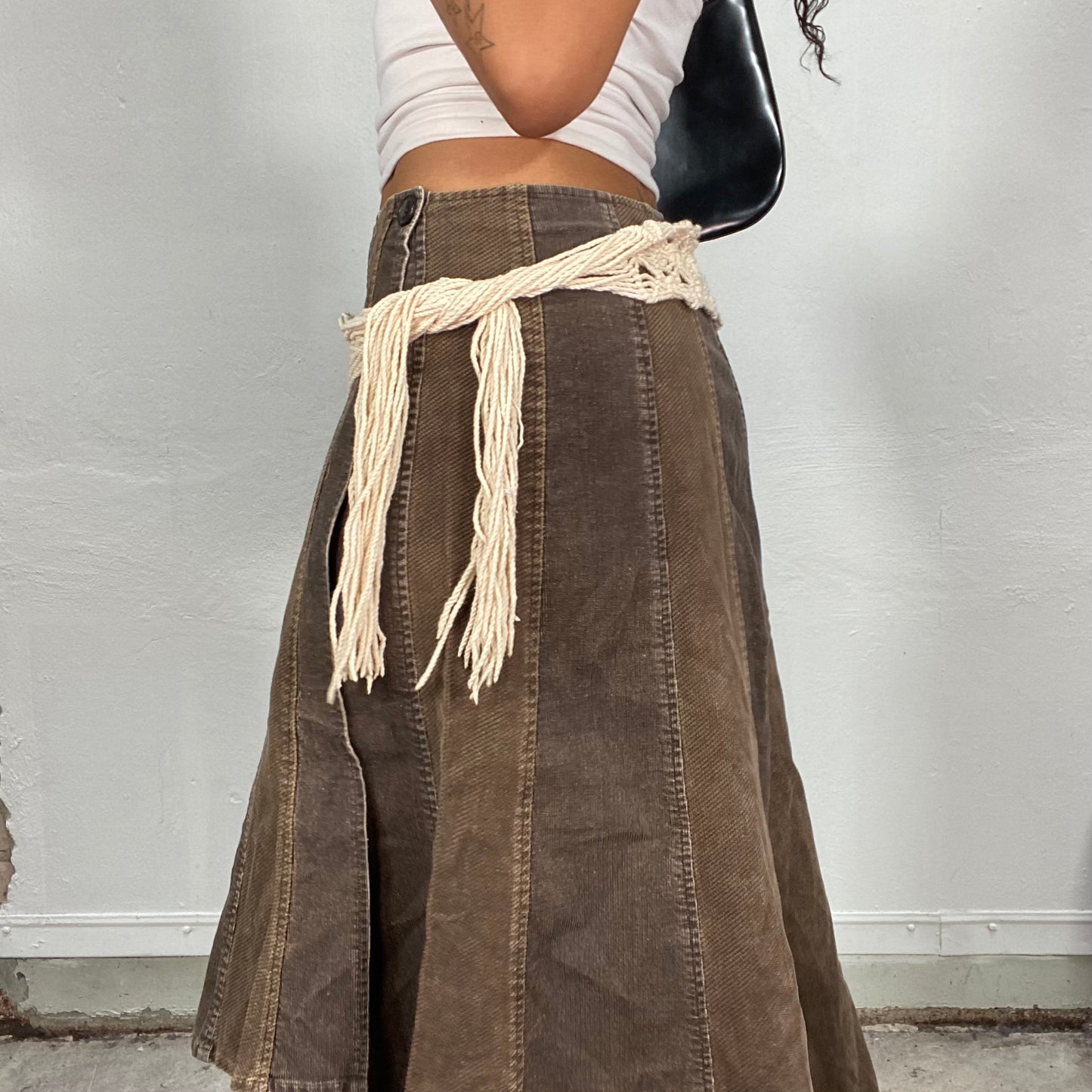 Vintage 2000's Boho Beige Crochet Tie Belt
