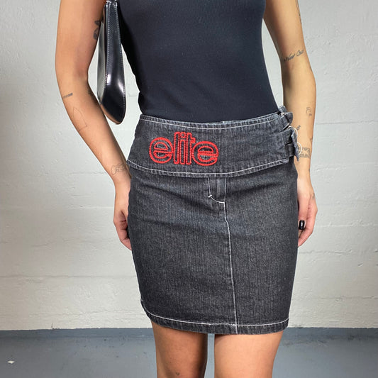 Vintage 2000's Elite Cyber Grey Washed Denim Midi Skirt with Red Embroidered Logo and Side Belt Detail (M)