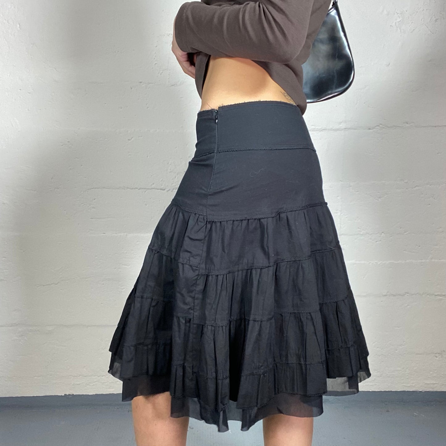 Vintage 2000's Cyber Black Midi Skirt with Volant Detail (S)