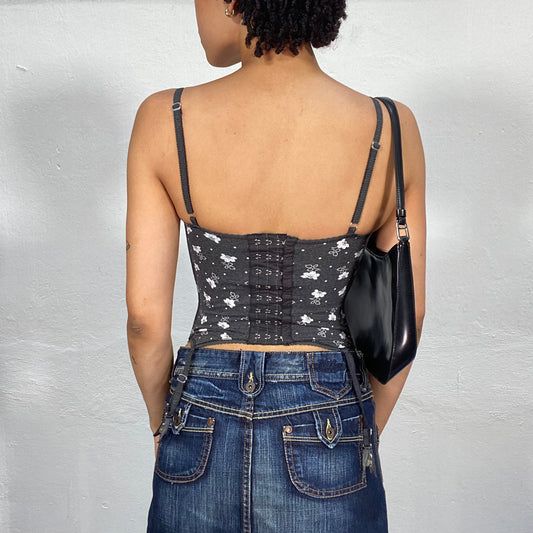 Vintage 2000's Lingerie Grey Corset Top with White Flower Print (XS/S)