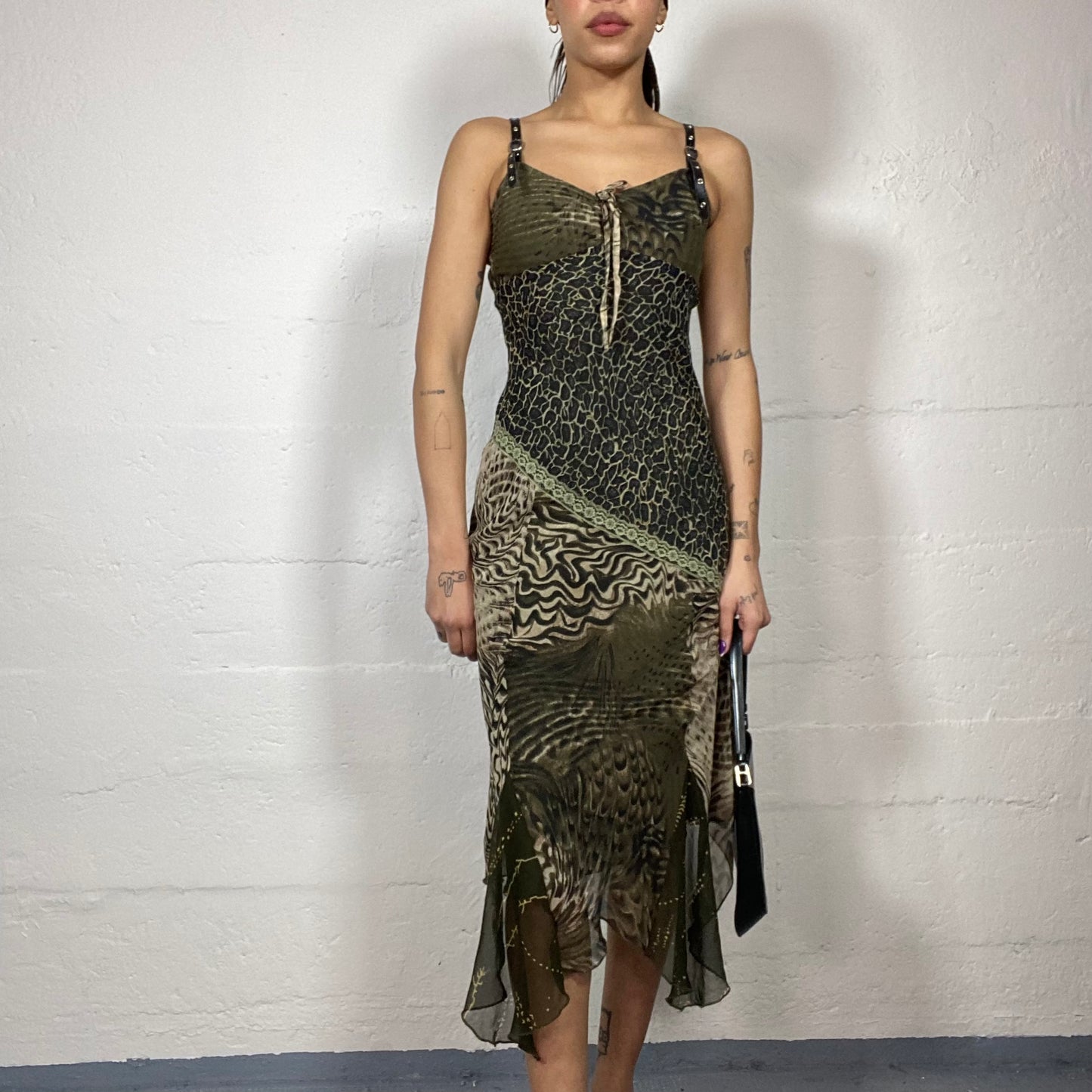 Vintage 90's Model After Party Khaki Maxi Dress with Mixed Animal Print and Deconstructed Bottom Skirt Detail (S/M)