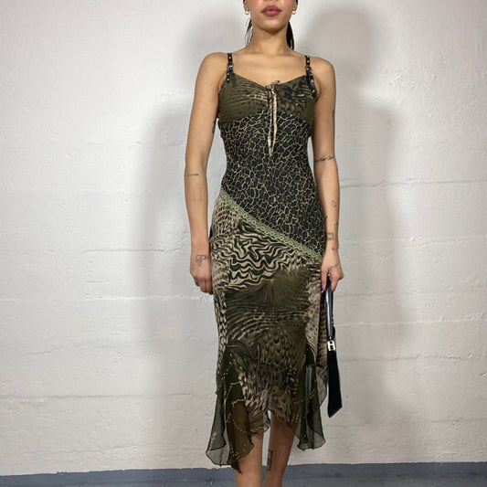 Vintage 90's Model After Party Khaki Maxi Dress with Mixed Animal Print and Deconstructed Bottom Skirt Detail (S/M)