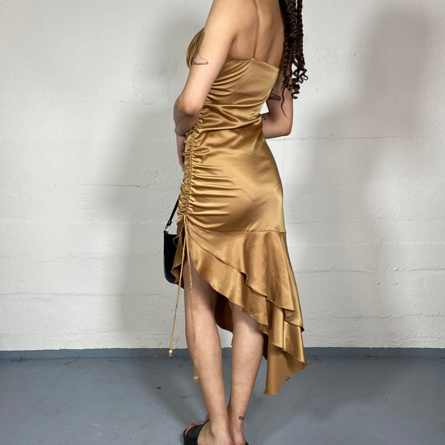 Vintage 2000's Romantic Brown Asymmetric Cut Dress with Satin Material and Ruched Chest Detail (S)