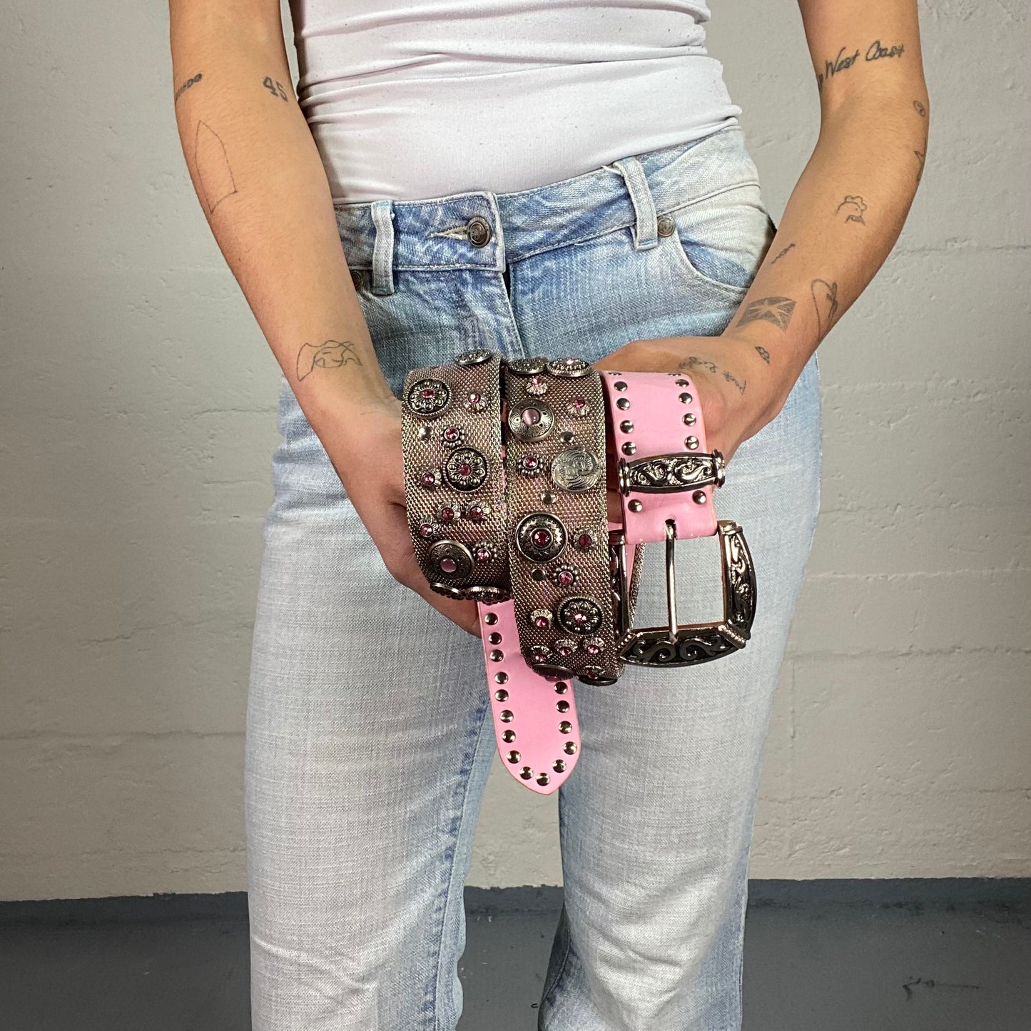 Vintage 2000's Cowgirl Pink Belt with Rhinestones and Maille Details