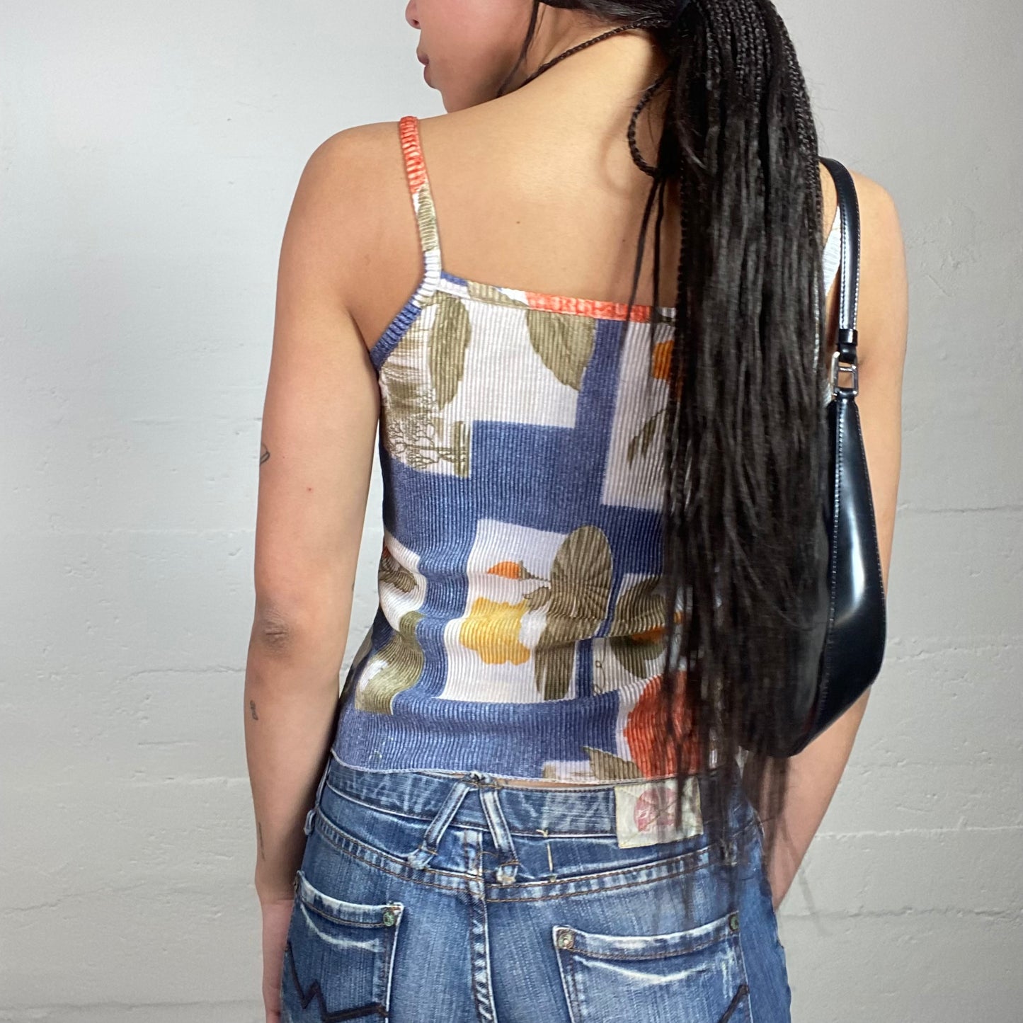 Vintage 2000's Boho White & Blue Maille Top with Ethnic Print (S)