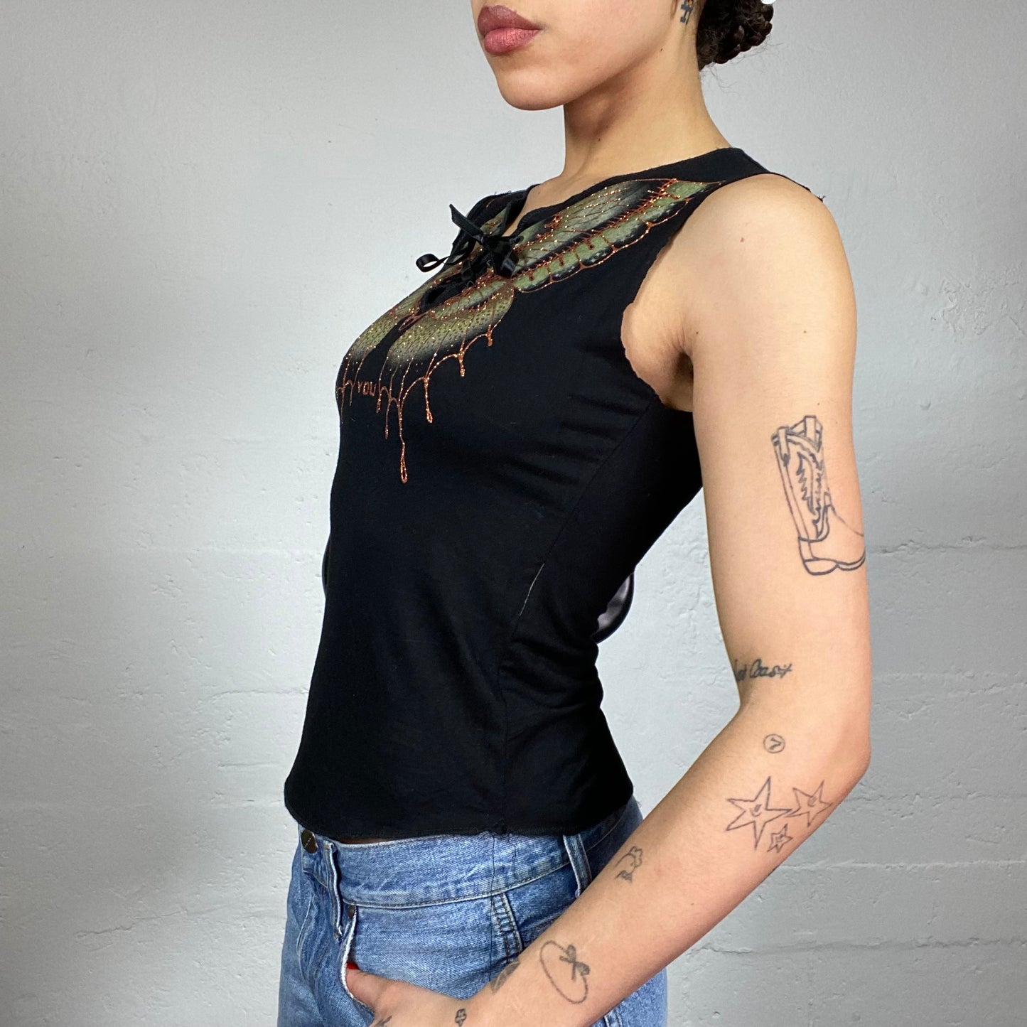 Vintage 2000's Downtown Girl Black Top with Glitter Butterfly Print Detail (S)