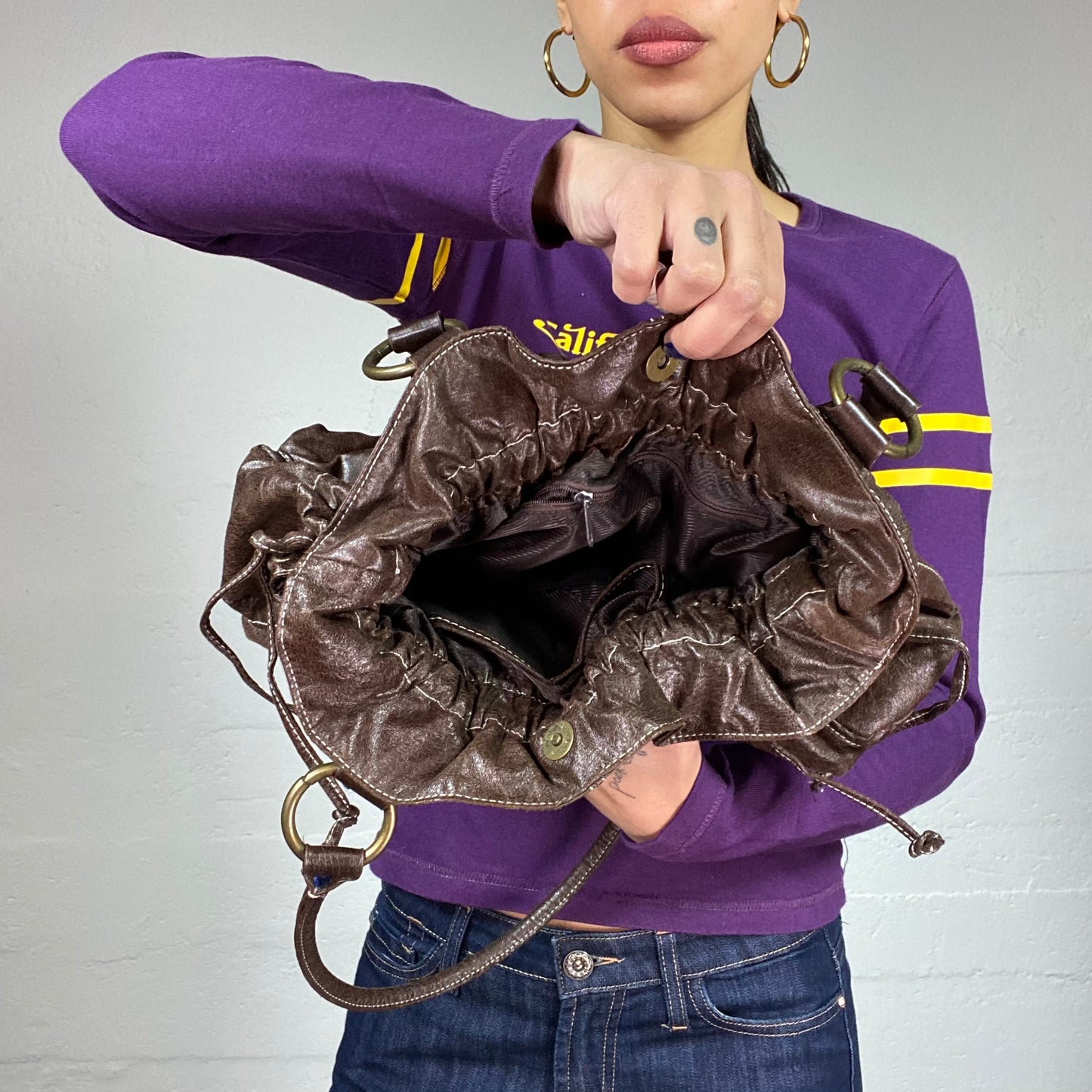 Vintage 2000's Brown Leather Shoulder Bag with Ruched Detail