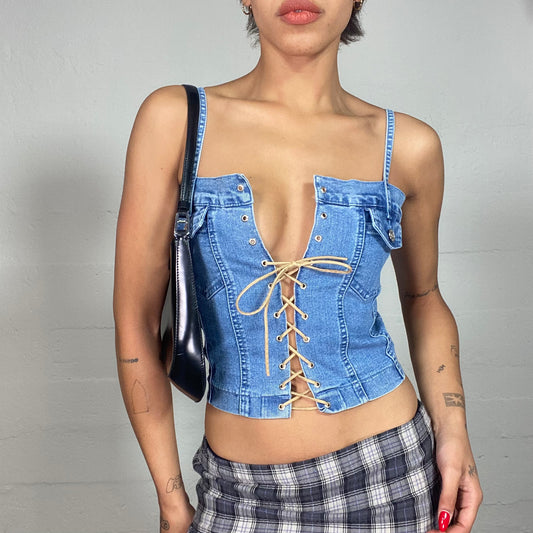 Vintage 2000's Cow-Girl Denim Corset Top with Brown Lace Up Detail (S)