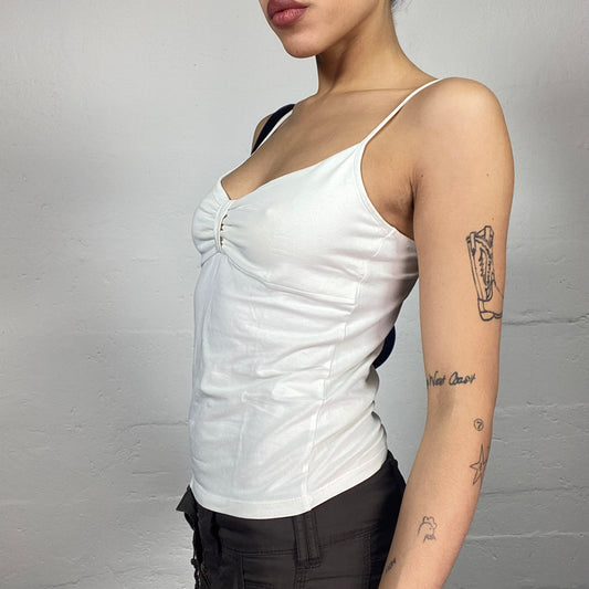 Vintage 2000's Downtown Girl White Top with Ruched Neckline Detail (M)