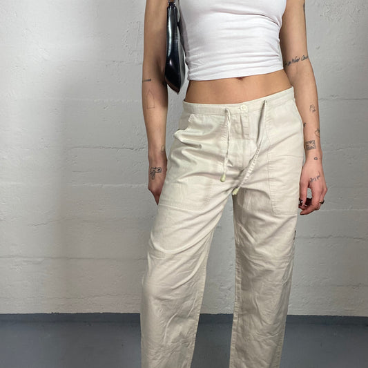 Vintage 2000's Boho White Low Waist Loose Pants with Pockets Detail (S)