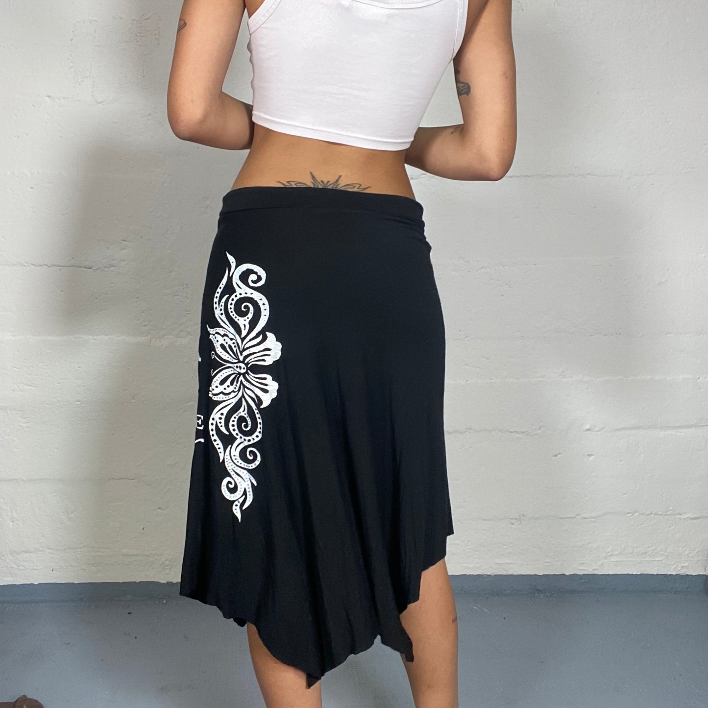 Vintage 2000's Rave Black Deconstructed Midi Skirt with White Typography Side Print (S)