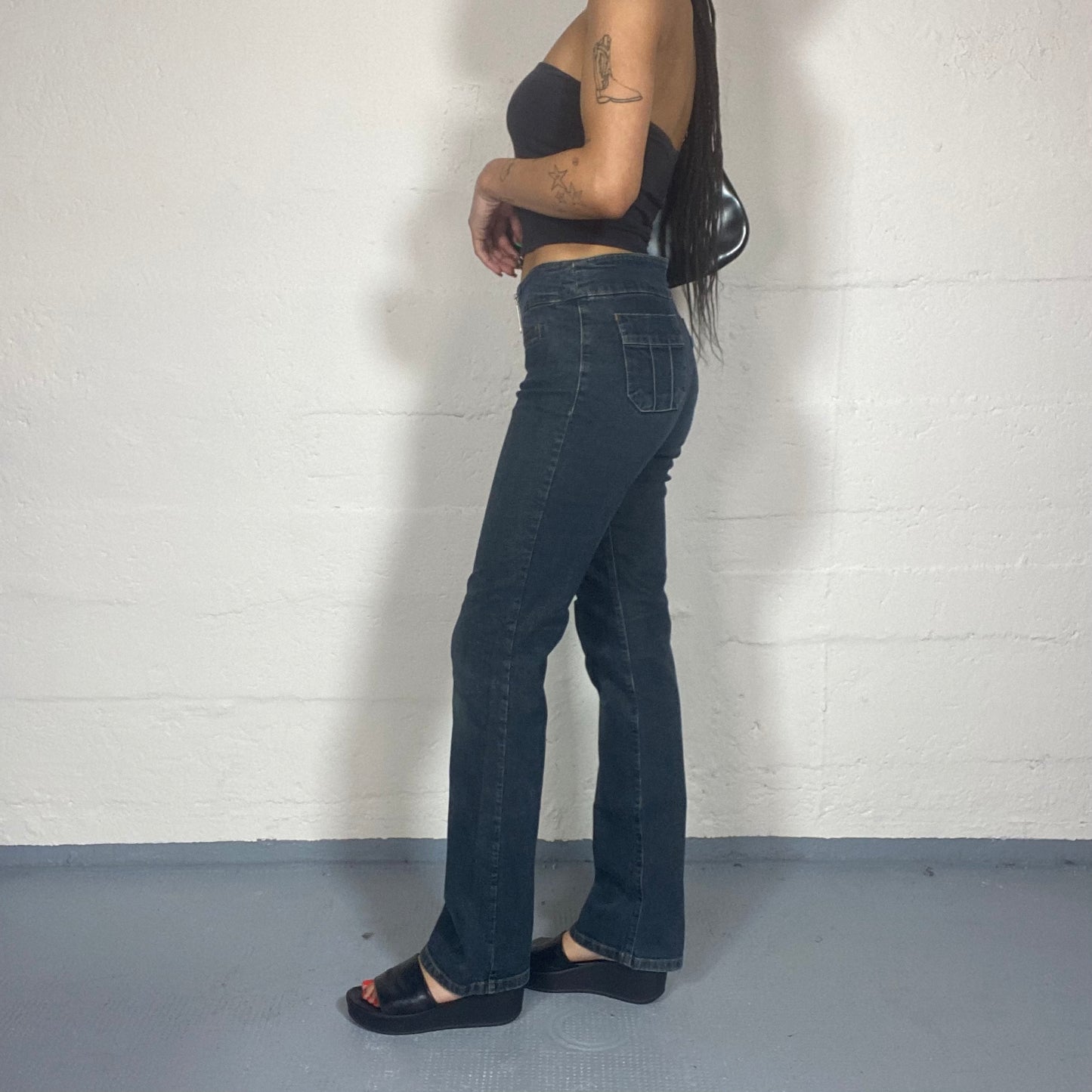 Vintage 2000's Miss Sixty Archive Rare Dark Denim Boot Leg Pants with Big Zip Detail (S)