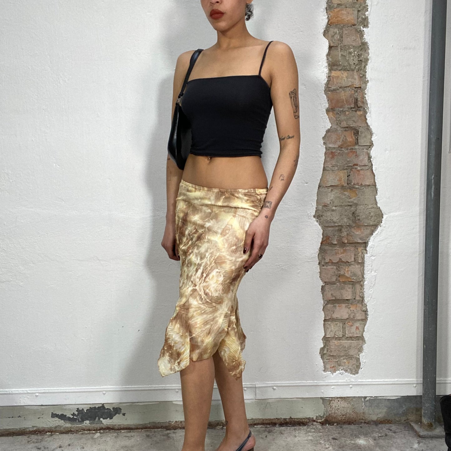 Vintage 2000's Fairy Yellow and Brown Batik Plisse Midi Skirt (S)