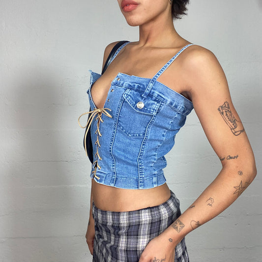 Vintage 2000's Cow-Girl Denim Corset Top with Brown Lace Up Detail (S)