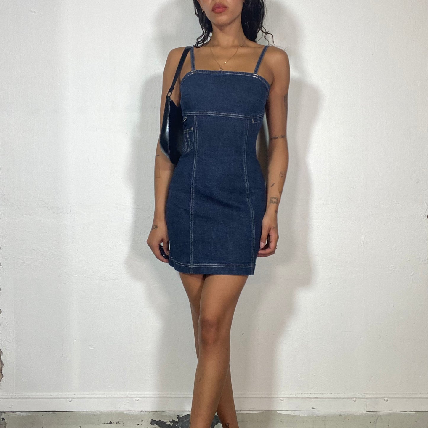 Vintage 90's Streetwear Denim Dress with Straight Cut and Pocket Detail (S)