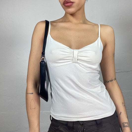 Vintage 2000's Downtown Girl White Top with Ruched Neckline Detail (M)