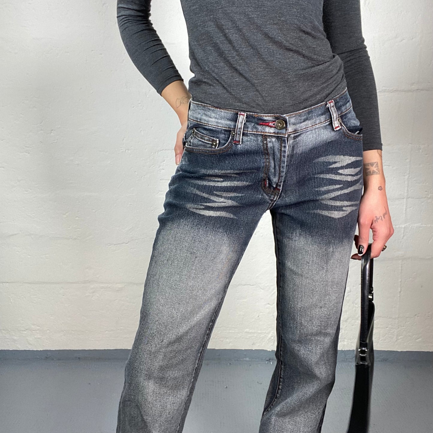 Vintage 2000's Downtown Girl Black Denim Pants with Bleached Material Detail (S)