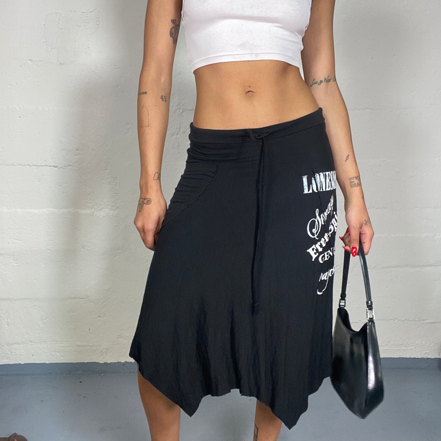 Vintage 2000's Rave Black Deconstructed Midi Skirt with White Typography Side Print (S)