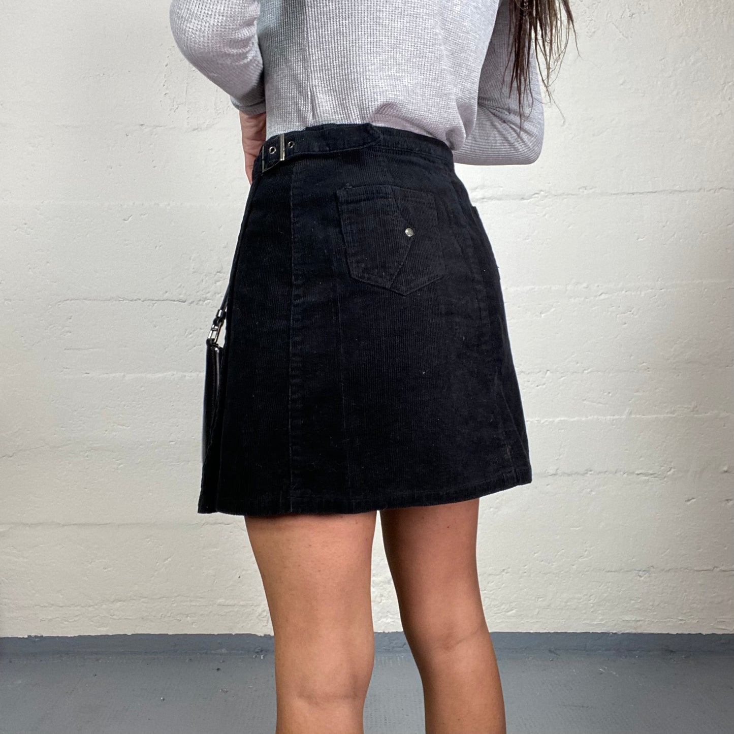 Vintage 2000's Cyber Black Wrapped Mini Pleated Skirt with Side Belt Detail (M)