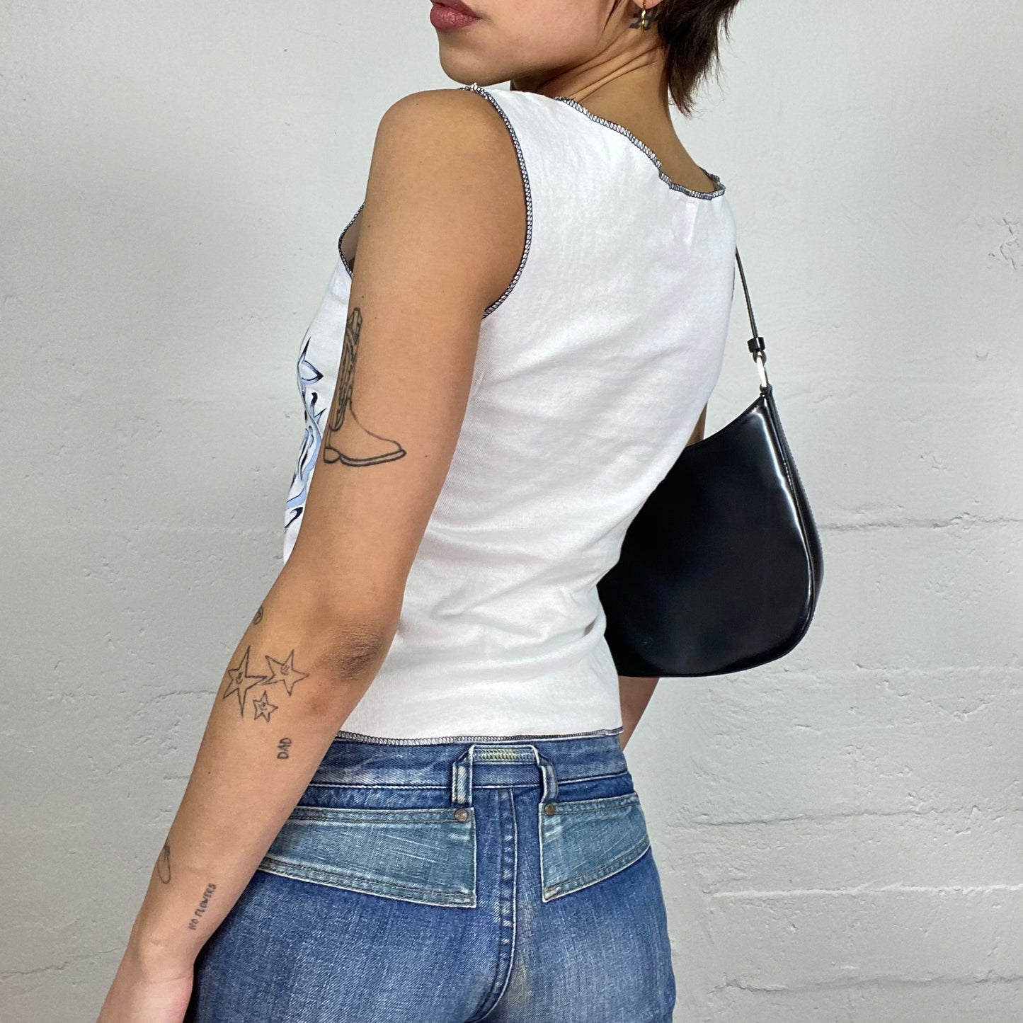 Vintage 2000's Downtown Girl White Top with Blue Tribal Print (M)