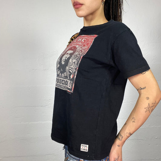 Vintage 2000's Model Off Duty Black Oversized Top with Che Guevara Revolution Print (S)