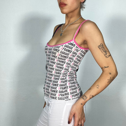 Vintage 2000's Funky White Cami Top with 'Frankies Garage' Print (S)