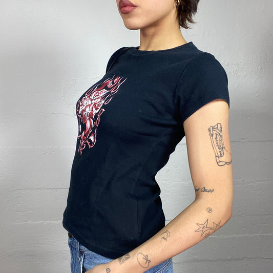 Vintage 2000's Moto Black Top with Red Flaming "Eternal" Roses & Heart Print (S)