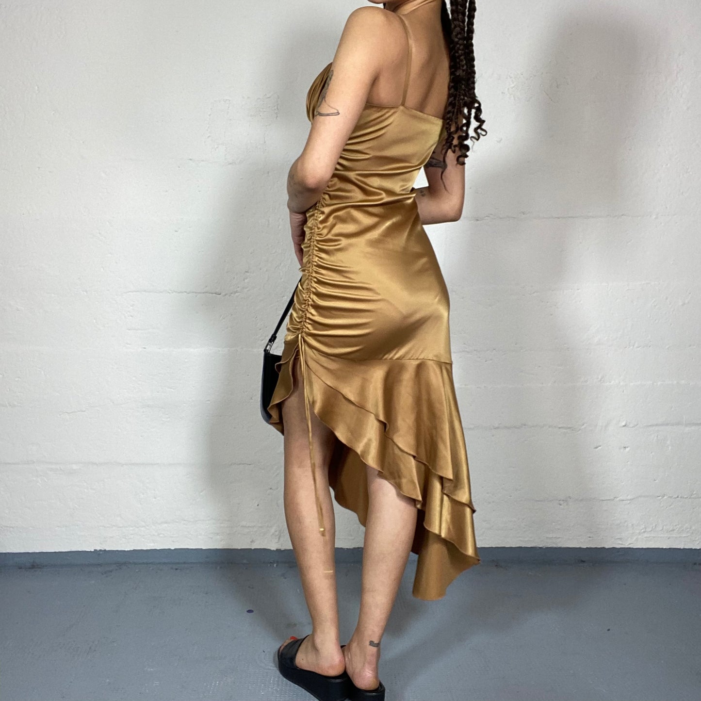 Vintage 2000's Romantic Brown Asymmetric Cut Dress with Satin Material and Ruched Chest Detail (S)