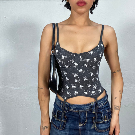 Vintage 2000's Lingerie Grey Corset Top with White Flower Print (XS/S)