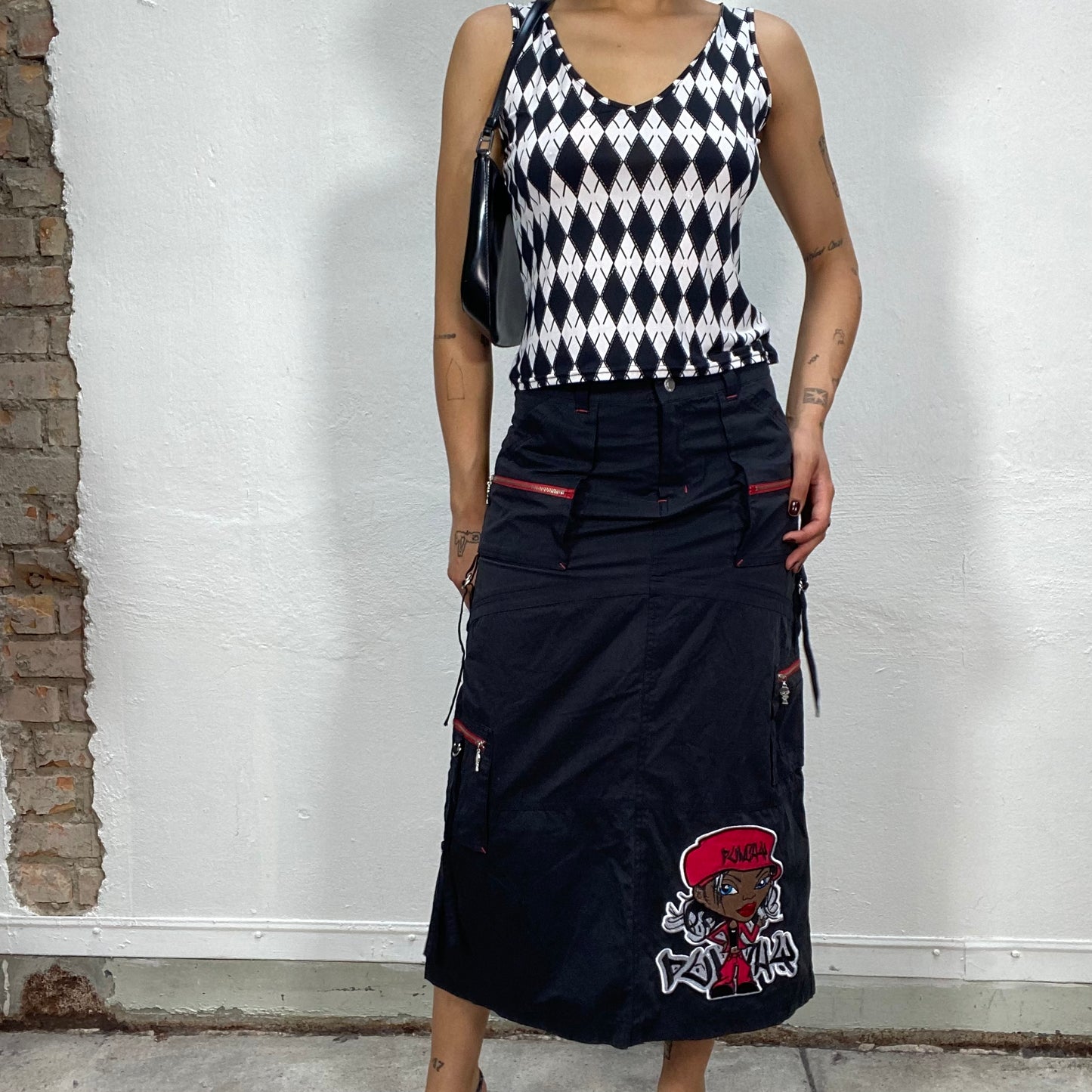 Vintage 2000's Punky black Midi Dress with Red Details and Surfer Girl Embroidery (S)