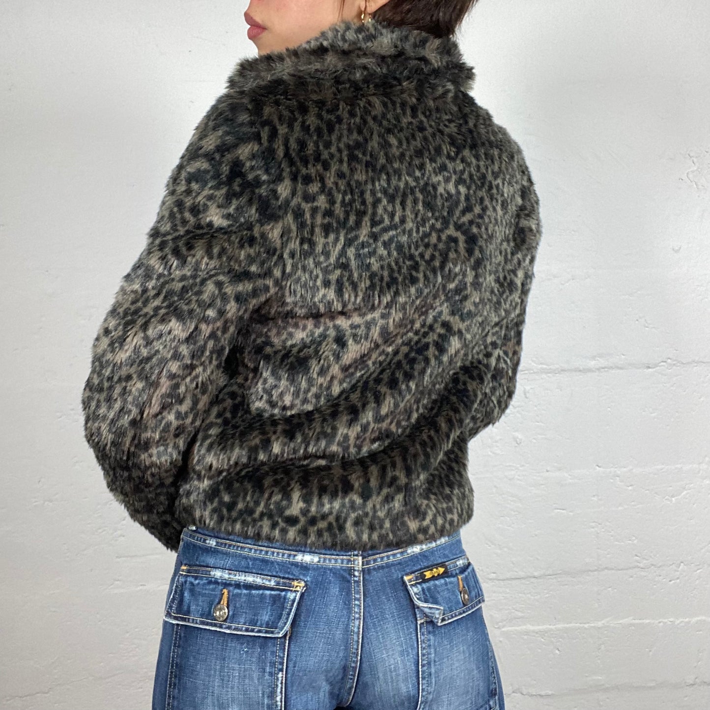 Vintage 2000's Downtown Girl Faux Fur Brown Bomber Jacket with Cheetah Print (M)