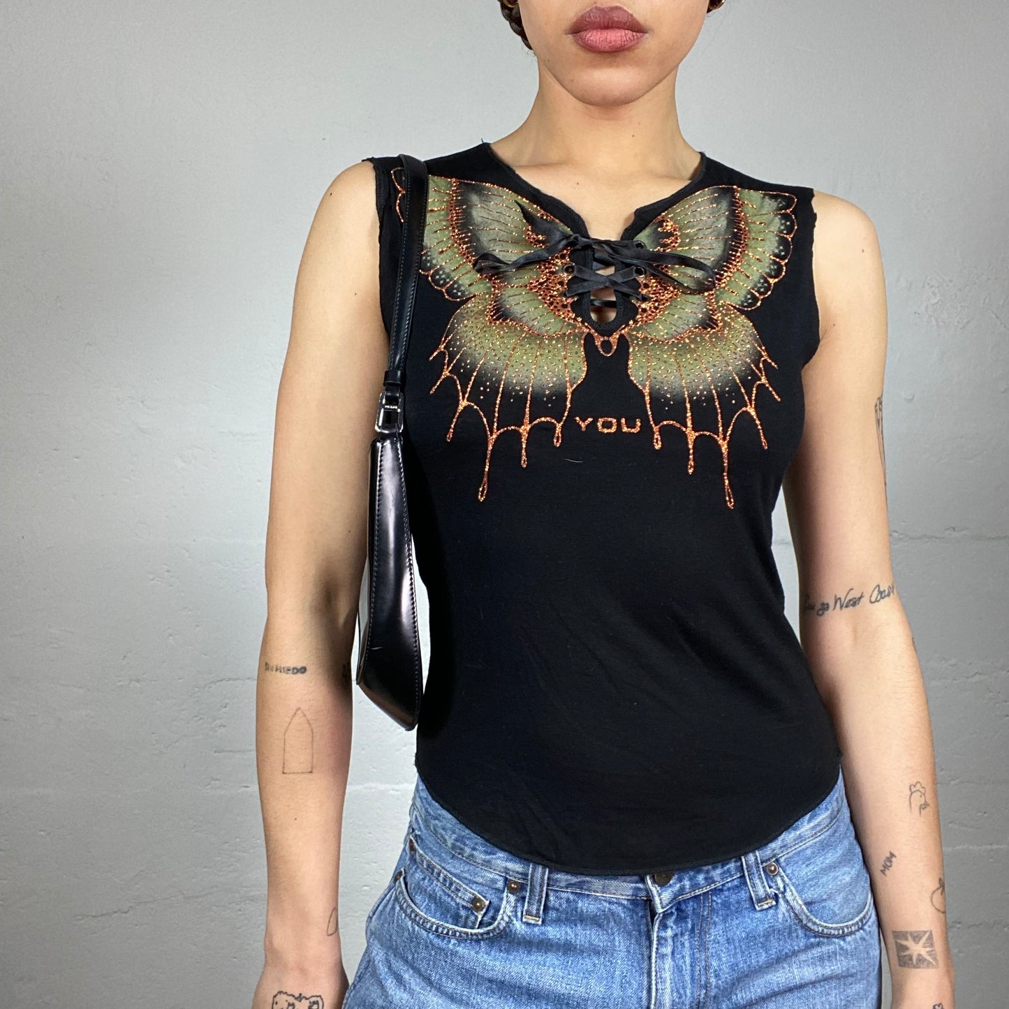Vintage 2000's Downtown Girl Black Top with Glitter Butterfly Print Detail (S)