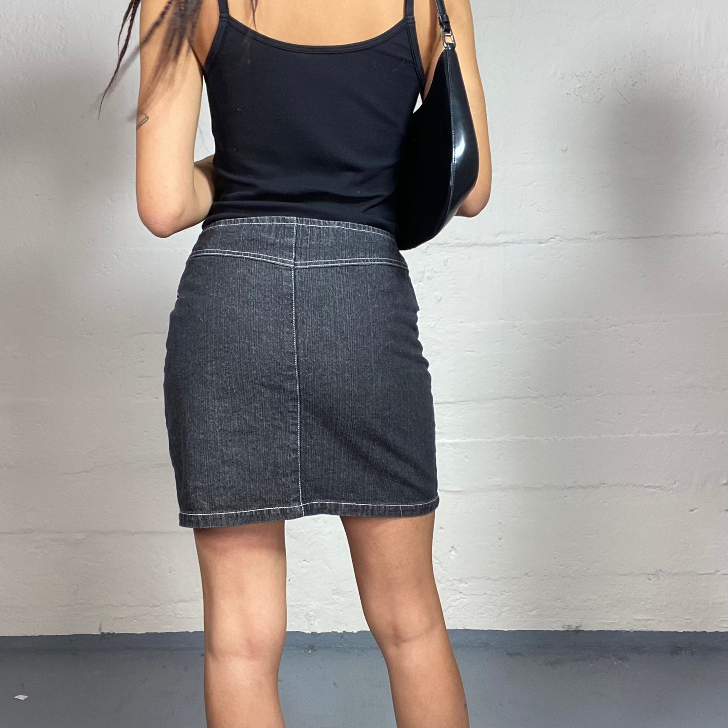 Vintage 2000's Elite Cyber Grey Washed Denim Midi Skirt with Red Embroidered Logo and Side Belt Detail (M)