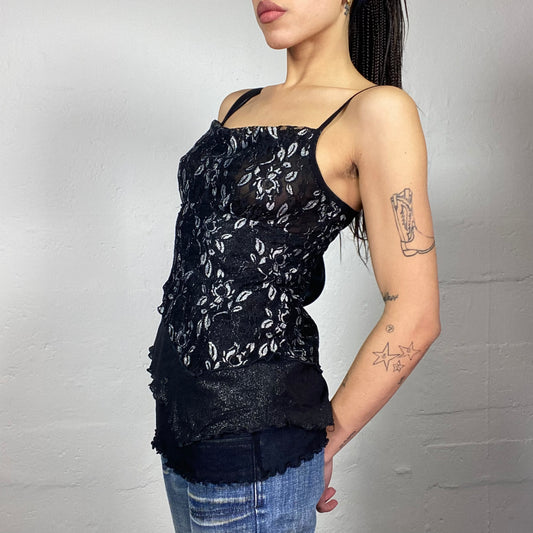 Vintage 90's Clubwear Black Mesh Top with Glitter and Floral Material Layer (S/M)