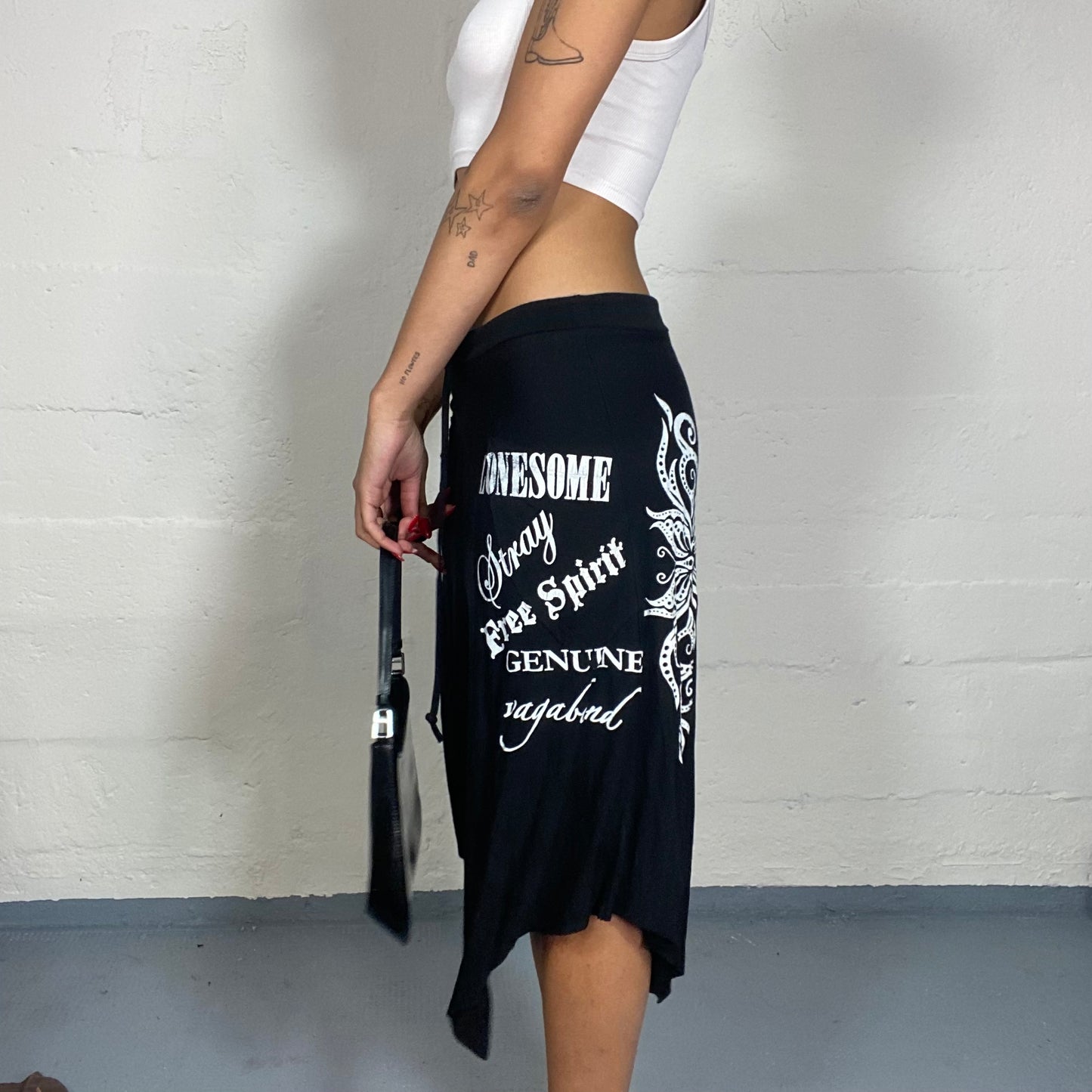 Vintage 2000's Rave Black Deconstructed Midi Skirt with White Typography Side Print (S)